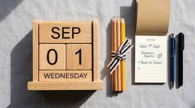 Wooden calendar showing september 1st with pencils and a notepad for back to school planning