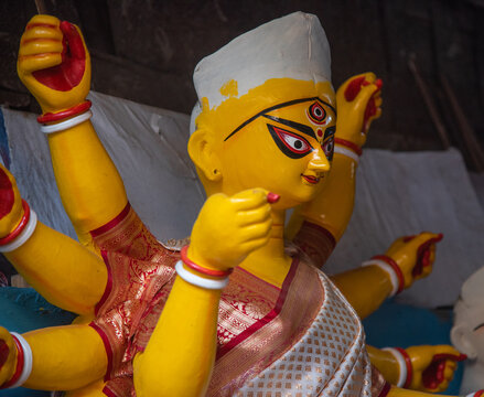 Close up of colorful face of Goddess Durga with use of selective focus