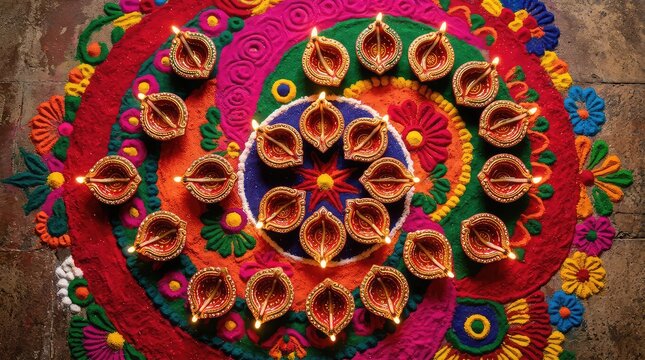 Traditional clay oil lamps lit on a colorful rangoli pattern for the diwali festival celebration