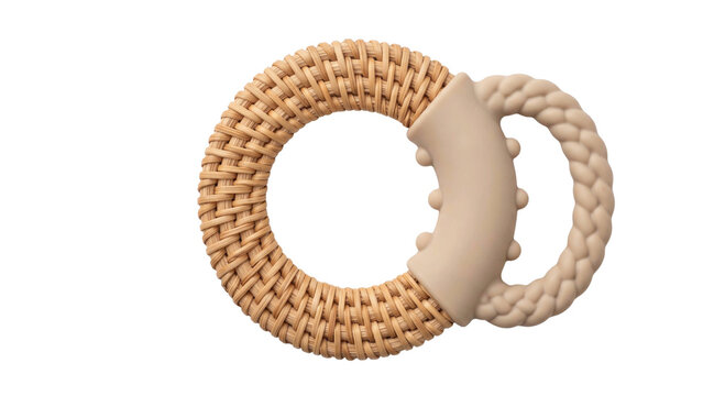 Modern baby teether with a woven rattan ring and a soft silicone handle for soothing sore gums