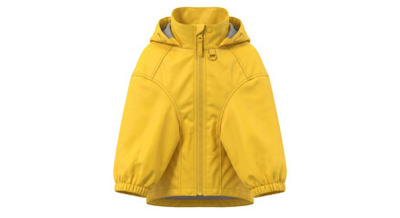 Bright yellow waterproof rain jacket for children with a hood and front zipper closure design © Ophelia