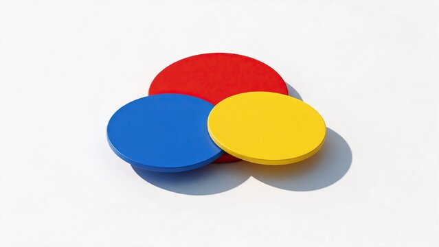 Overlapping flat circular discs in bold primary colors (red, blue, yellow), hard shadows