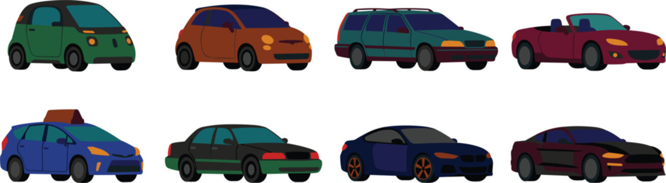 Compact city microcar hatchback family wagon open top roadster taxi cab sedan sports coupe and muscle car