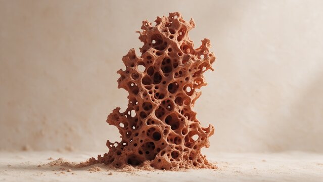 Organic porous structure resembling coral or sponge, matte terracotta and rust colors