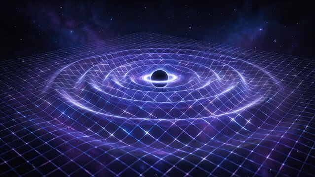 Three-dimensional gravitational wave ripples distorting flat grid plane, deep space purple and blue