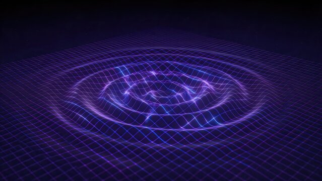 Three-dimensional gravitational wave ripples distorting flat grid plane, deep space purple and blue