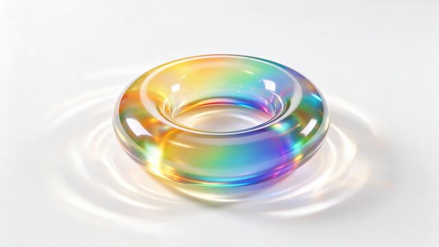 Smooth donut-shaped torus with iridescent rainbow gradient shifting across its surface