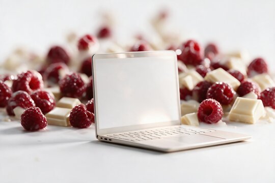 Open rose gold laptop with screen facing viewer surrounded by fresh raspberries and white chocolate