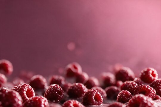 Close-up fresh raspberries on glossy surface with soft pink backlight