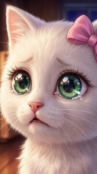 White kitten close-up with green eyes and pink bow, soft fur lit by warm directional light