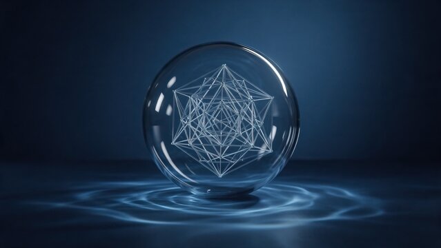 Transparent glass sphere with intricate geometric wireframe pattern inside, soft caustics, navy blue