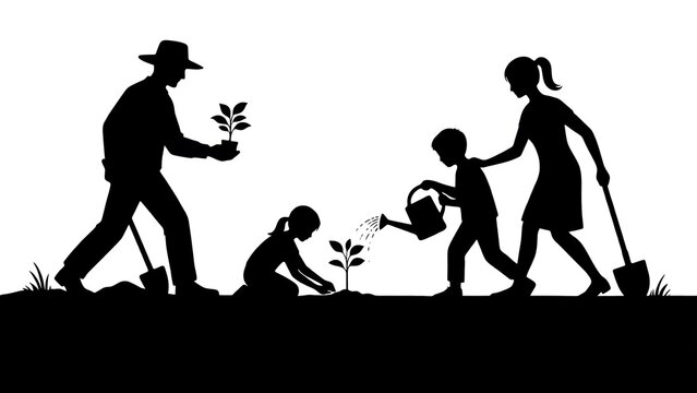Parents and children planting saplings and watering plants, reforestation, nature conservation, and environmental protection concept