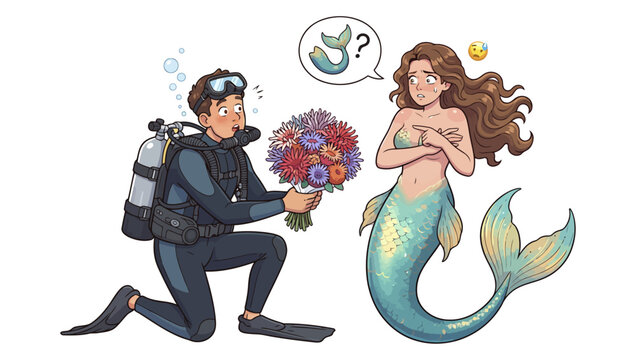 Cute cartoon vector illustration of a surprised scuba diver in a wetsuit kneeling on one knee and offering a bouquet of sea flowers to an uncomfortable and startled mermaid