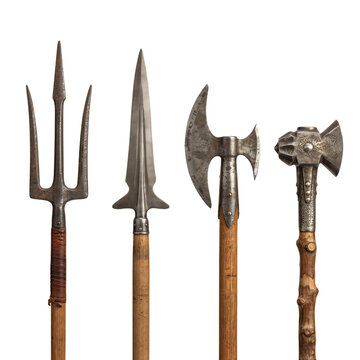 Collection of medieval weapons including trident spear battle axe and war hammer