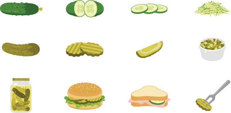 Fresh Cucumber and Pickled Gherkin Icon Set with Whole Slices Jar Hamburger Sandwich Relish and Fork for Culinary and Food Packaging Designs