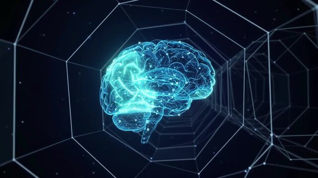 Digital artificial intelligence human brain glowing with neural network wireframe rotating inside futuristic octagonal cyberspace tunnel for machine learning and neuroscience