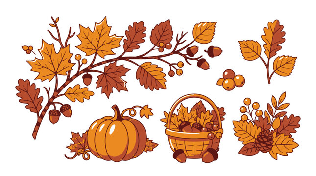 Cartoon Style Autumn Botanical Elements with Flat Cel Shading