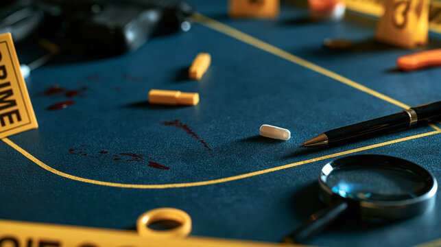 Crime scene outline with evidence markers and forensic clues, with copy space