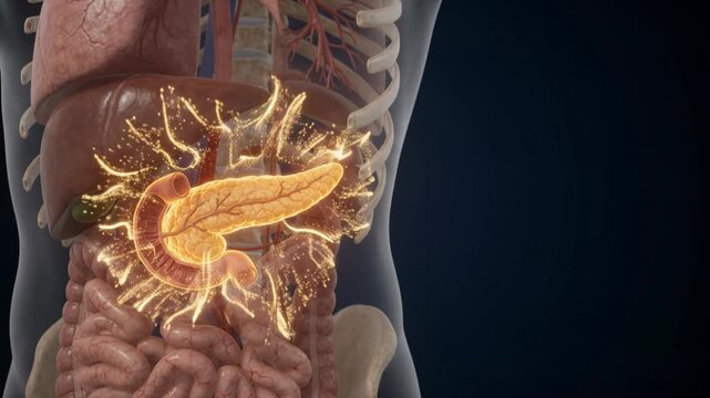 Human Pancreas Anatomy - Highlighting Digestive System with Particle Effects - 3D Medical Animation 4K Footage