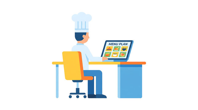 Flat vector illustration of a male chef sitting at a computer desk planning a digital restaurant menu