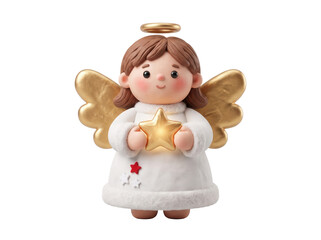 Fototapeta premium 3D angel character with golden wings and halo holding a glowing star, featuring festive Christmas spirit and divine light for holiday greeting card and seasonal marketing design.