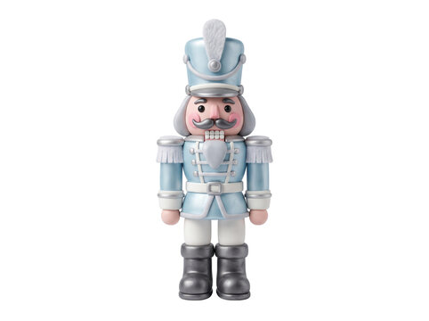 Light blue nutcracker soldier 3D illustration with silver trim, featuring festive winter holiday charm for seasonal greeting card design and Christmas marketing assets.