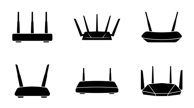 Wifi router icons set, wireless internet network symbols, black vector technology graphics