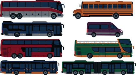 Side elevation multi passenger transport machinery displaying open top sightseer intercity express and bendy coaches © MISSMASUMA