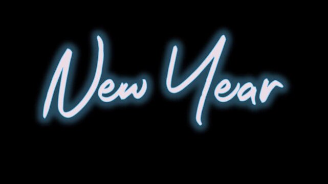 Minimalist New Year Cursive Typography Motion Graphic Video Footage with Blue Glowing Neon Glow Effect and Soft Light Pulses on Black Background
