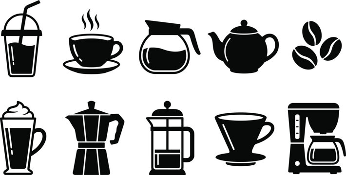 collection of black coffee and tea icons including maker pot french press cup isolated on white background
