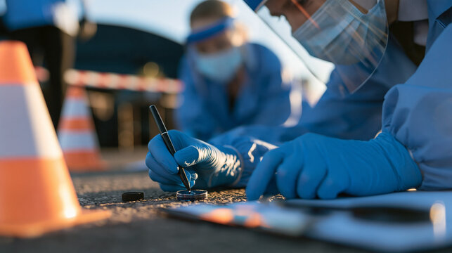 Faceless forensic team examining a crime scene, collecting samples and documenting findings during an ongoing investigation, with copy space