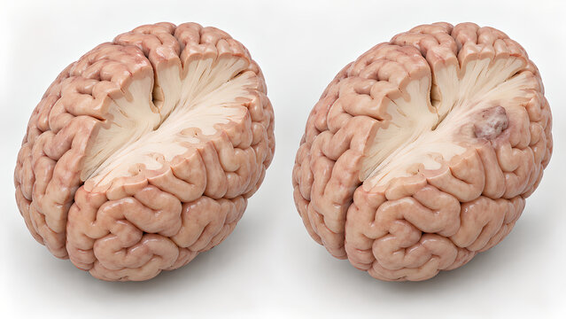 Brain tumor and normal brain comparison in photorealistic medical 3D illustration showing localized abnormal tissue and healthy anatomy for neurology teaching, healthcare design and patient education