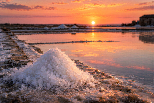 Pile of freshly harvested flor de sal in a salt pan at sunset