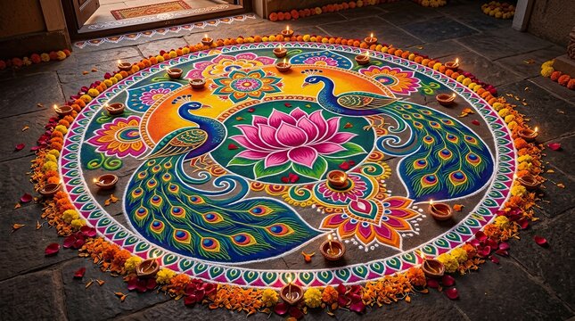 A vibrant and intricate rangoli design beautifully embodies the spirit of diwali the festival of lights