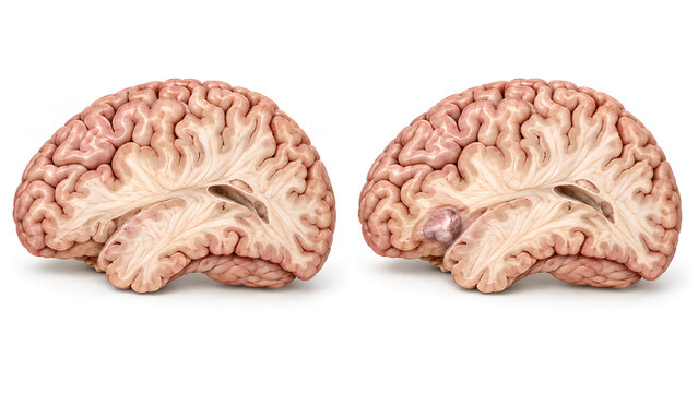 Brain tumor and normal brain comparison in photorealistic medical 3D illustration showing localized abnormal tissue and healthy anatomy for neurology teaching, healthcare design and patient education