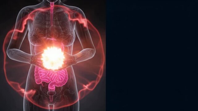 Female Digestive System Anatomy - Glowing Stomach Pain and Intestinal Visualization - 3D Medical Animation 4K Footage