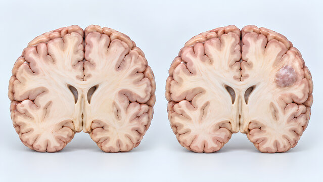 Brain tumor and normal brain comparison in photorealistic medical 3D illustration showing localized abnormal tissue and healthy anatomy for neurology teaching, healthcare design and patient education