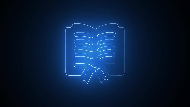 Glowing vertical book icon animation with neon open symbol on black background. Glowing neon book icon. Digital book library, school read, university education, open book. 4k quality video..