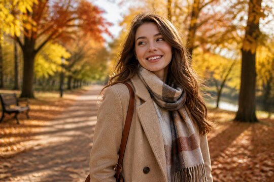 Smiling woman wearing scarf on tree lined autumn path amid fall foliage