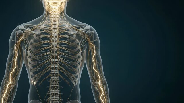 Human Nervous System and Skeleton - Electrical Impulses Traveling through Spinal Nerves - 3D Medical Animation 4K Footage