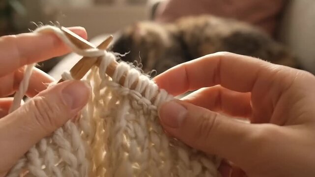 Woman hands knitting white wool yarn with wooden needles at home