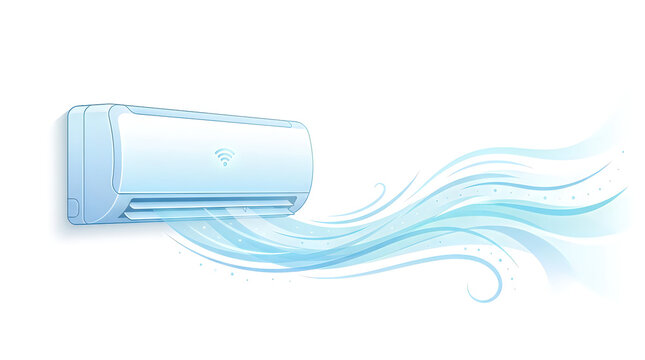 Modern wallmounted air conditioner unit dispensing a cool airflow on a white background