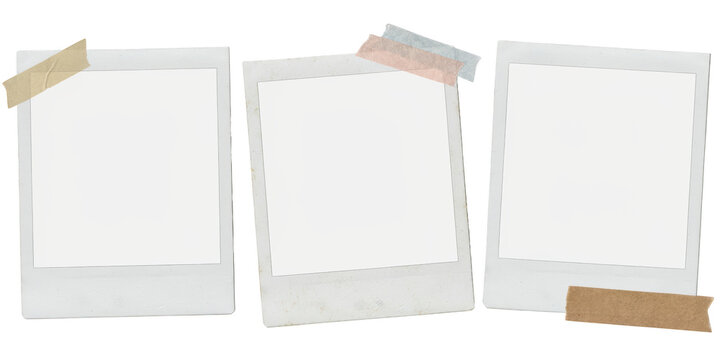 Three blank square frames arranged horizontally, decorated with strips of beige and translucent adhesive tape on a plain white surface