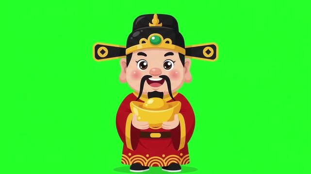 Happy Cartoon Chinese God of Wealth (Caishen) Holding Gold Ingot on Green Screen