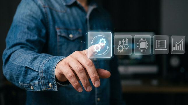 Process Optimization Touchpoint: A close-up of a person's hand touching a holographic icon representing workflow automation, illustrating digital transformation and efficiency.
