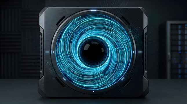 Modern computer cooling fan with bright glowing blue neon light spinning in a dark gaming desktop