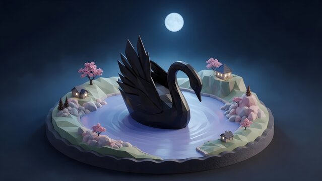 A Black Swan Event: A serene pastel digital pond suddenly disrupted by a massive sleek black geometric swan emerging from the center