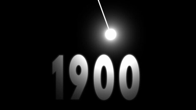 Cinematic white 1900 year text animation with swinging light bulb on black background.