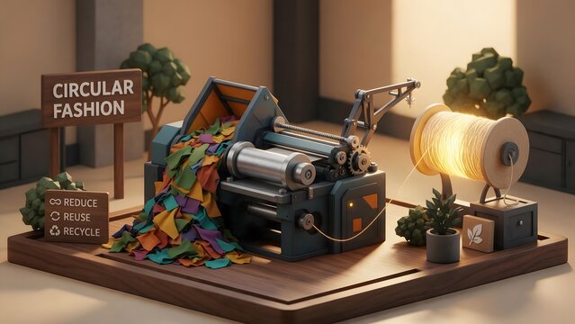 Sustainable Circular Fashion: Discarded colorful fabric scraps being spun back into a fresh glowing spool of yarn by a sleek mechanical loom