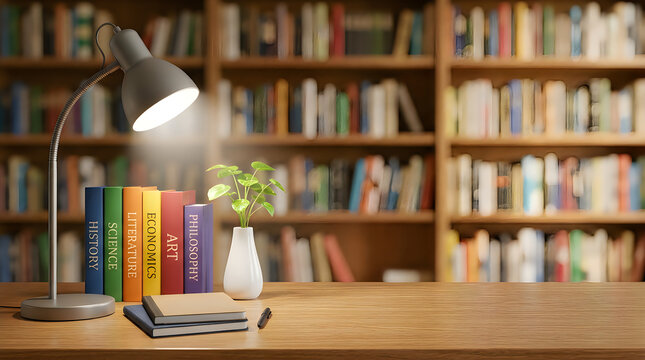 A bright desk lamp illuminating books and a plant on a wooden desk in a cozy home library room